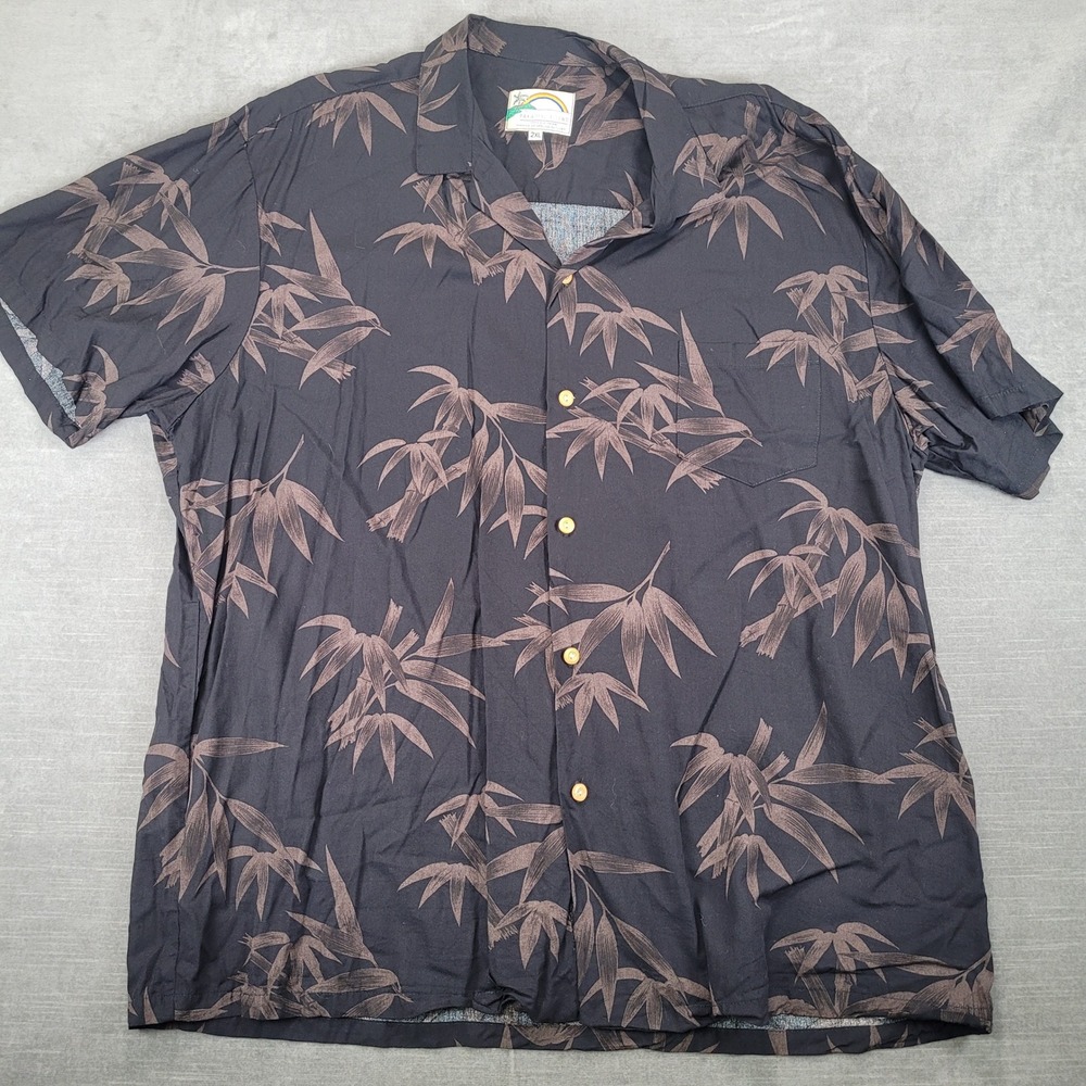 Paradise Found Mens 2XL Hawaiian Shirt Black Bamboo Print Aloha Button Up Hawaii